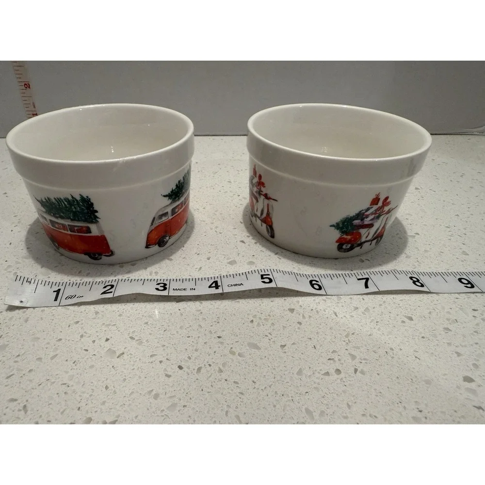 Ciroa Celebrate Christmas Ramekins Custard Cups VW‎ Van & Scooter Trees Set Of 2
